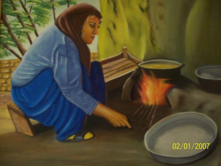 yemek pişiren köylü kadın